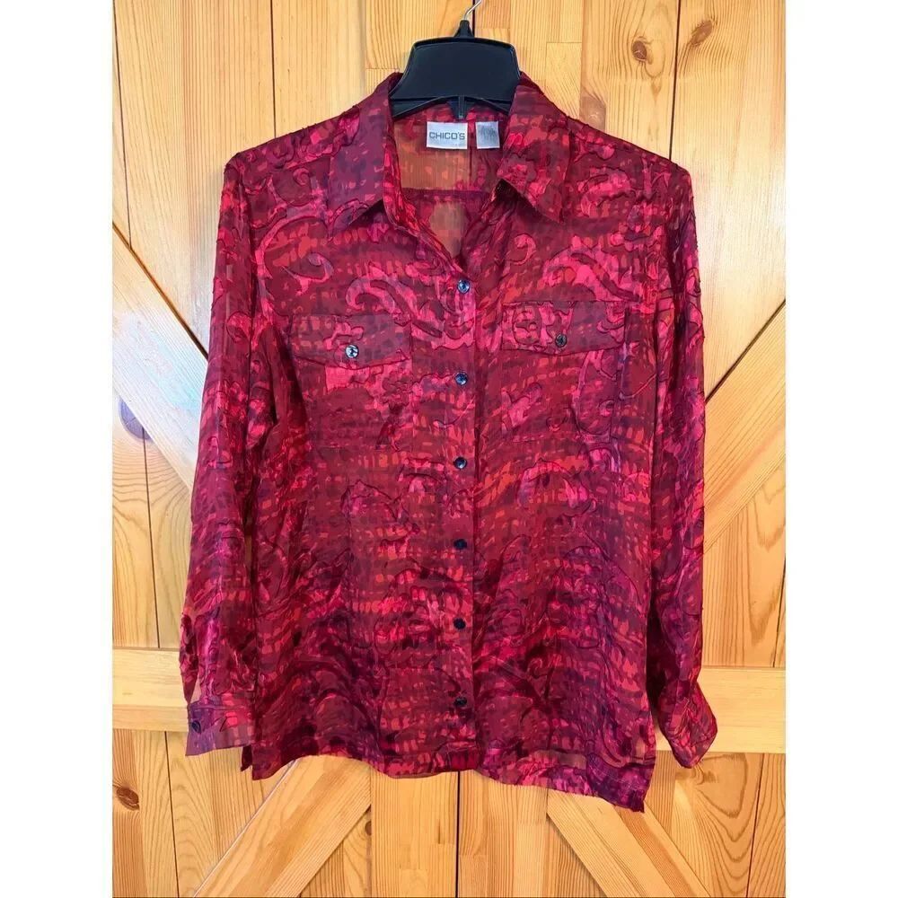 Chico's Silk Blend Sheer Red Textured Design Button Up Blouse Top Size 0=2-4 (75